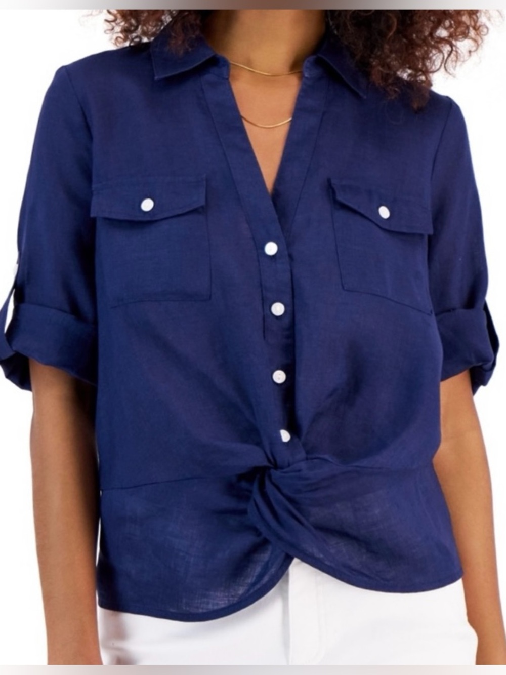 INC International Concepts 100% Linen Twist Hem Blouse Indigo Navy Blue L